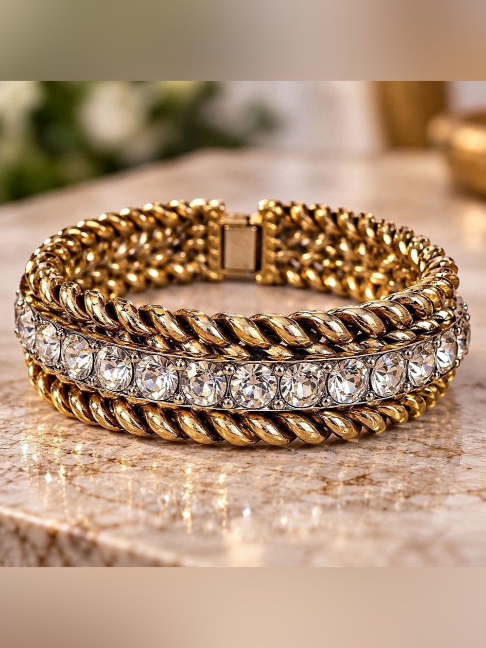 Gold Tone Chunky Rope Chain Clear Rhinestone Magnetic Statement Bracelet